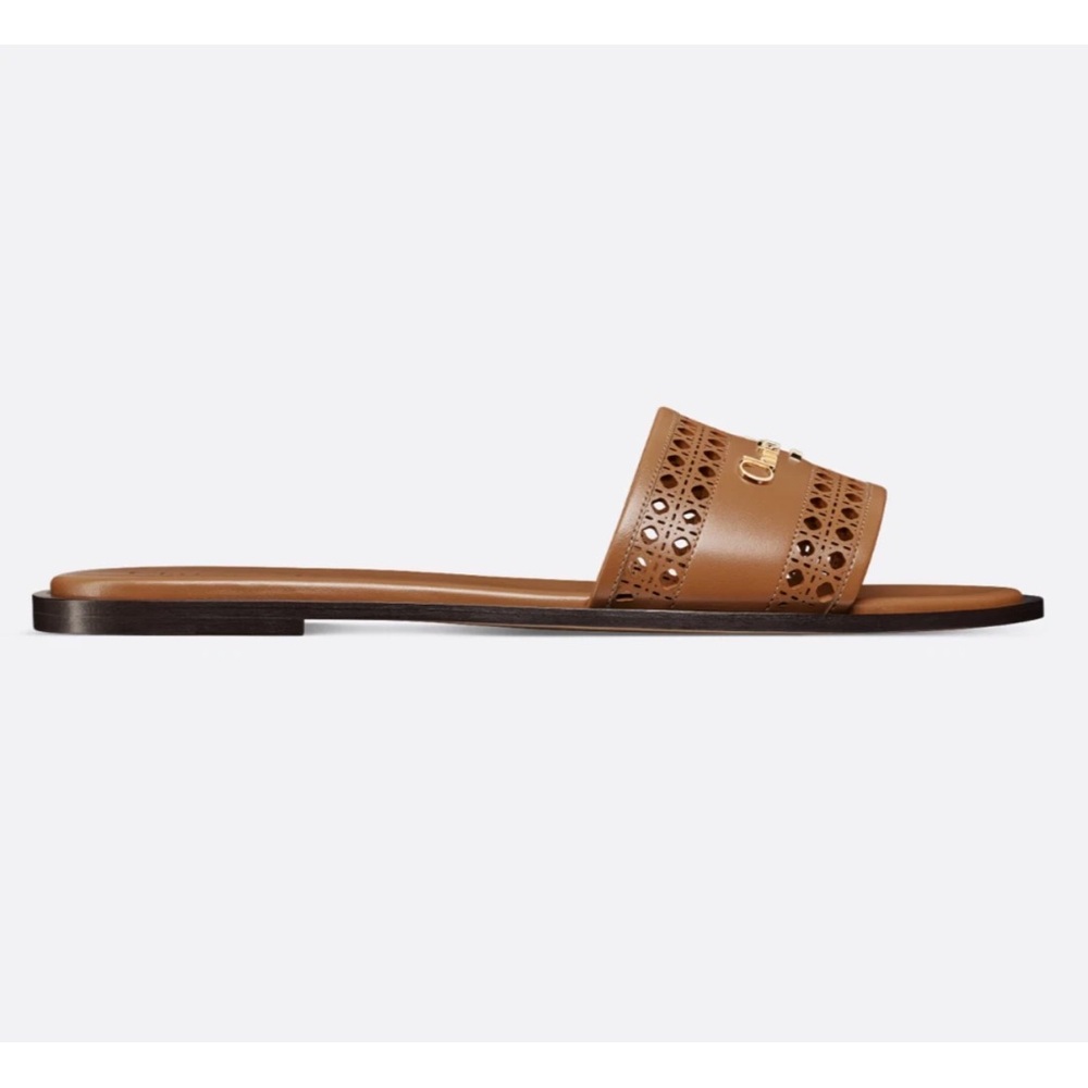 Dior D-Lane Dway Micro Cannage Chestnut Brown Leather Logo Slide Flat Sandal 39 - Picture 3 of 16